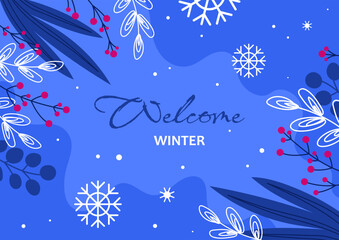 Fototapeta na wymiar Hello winter background. Cold weather and snowy season. Berries at branches with snowflakes. Christmas and New Year. Poster or banner for website. Cartoon flat vector illustration