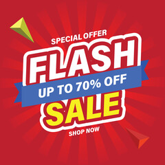 Flash Sale Shopping Poster or banner with Flash icon and 3D text on yellow background. Flash Sales 70% Off template design for social media and website. Special Offer Grand Sale campaign or promotion.