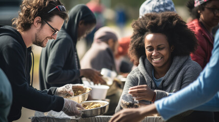 A person smiles while volunteering, handing out food to a diverse community at an outdoor charity event.