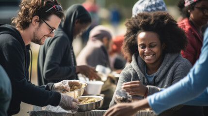 A person smiles while volunteering, handing out food to a diverse community at an outdoor charity event. - Powered by Adobe
