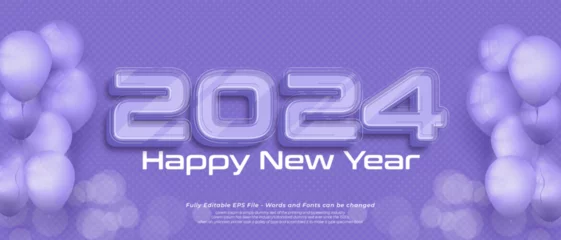 Fotobehang Happy new year 2024 with purple background editable number three dimension text style © GatotkacaArt