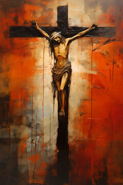 Expressionism style Jesus death on the cross with crown of thorns inri