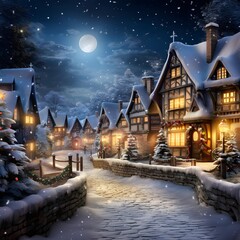 Beautiful Christmas village at night with a full moon in the sky
