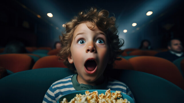 Wide view of a little kid eating popcorn and enjoying a movie while sitting in cinema theater