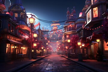 3d illustration of a street in the old city at night.