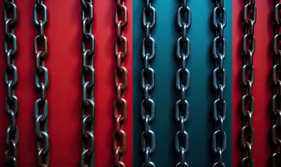 A Striking Display of Black Chains Against a Vibrant Red and Blue Wall