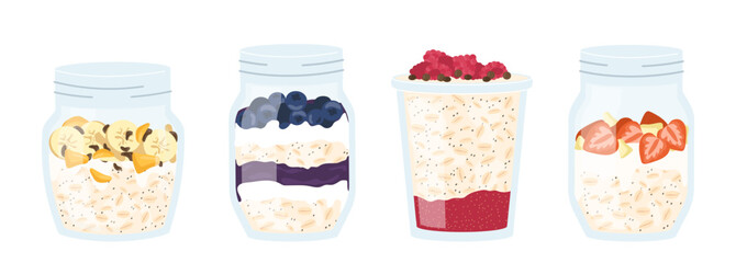 Oatmeal in jar set. Traditional and healthy morning breakfast. Proper nutrition and diet. Blueberry, strawberry with milk porridge. Cartoon flat vector collection isolated on white background