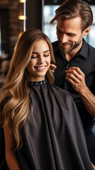 Young Caucasian woman with long light brown hair, smiling, being treated in a beauty salon by a hairdresser. Warm and comfortable room.