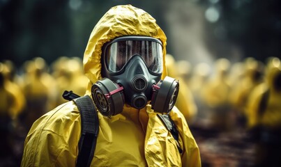 Man in a Bright Yellow Jacket Wearing a Protective Gas Mask