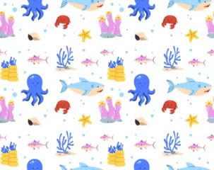 Plexiglas keuken achterwand Eenhoorns Sea animals seamless pattern. Repeating design element for printing on fabric. Octopus and shark with corals, seaweed. Nautical flora and fauna, wild life. Cartoon flat vector illustration