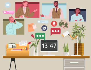 Video conference. Vector illustration. The modern network enables online video conferences with ease The video conference metaphorically bridges gap between distance and interaction Technology