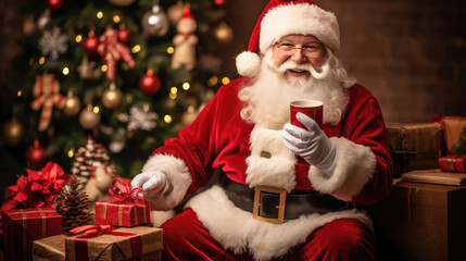 A cheerful Santa Claus surrounded by a bounty of wrapped Christmas gifts, with a decorated tree and cozy fireplace setting a festive background.