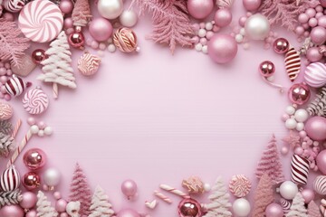 Christmas Toys Border with Pink Background and Festive Decorations. Winter Holiday Theme with Tree Branch and White Space.