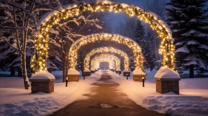 Close-Up: Christmas Lights Arch Over Snowy Walkway in Jackson Hole Resort - obrazy, fototapety, plakaty