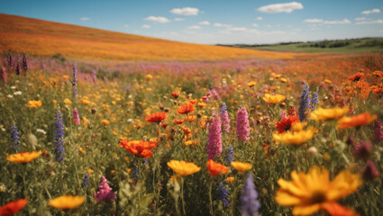 A vibrant field of wildflowers in full bloom, stretching as far as the eye can see, under a clear blue sky.