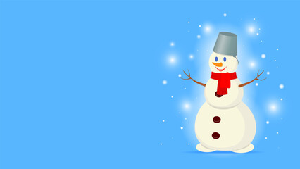 Vector illustration. Cute snowman in cartoon style. Christmas background. Postcard, banner template.