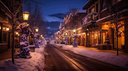 Fototapeta na wymiar Colorado Christmas Lights: Festive Illumination in Snowy Vail, A Charming Winter Town