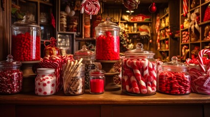 Fototapeta na wymiar Christmas Stocking Stuffers: Old Fashioned Candy Store Delights for Holiday Decorations and Gifts
