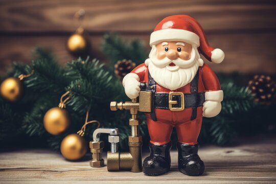 Christmas Plumber: Festive Tools, Fittings, And Decorations On A Wooden Background