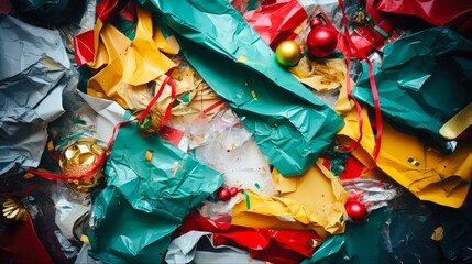 Christmas Trash: Colorful Closeup of Discarded Wrapping Paper Pile, Creating a Messy Decorative Celebration - obrazy, fototapety, plakaty