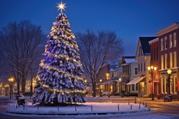 Christmas Small Town: Quaint Gettysburg, Pennsylvania. Decorated Tree Illuminated in Historic Town Square. Winter Scenic Holiday Night. - obrazy, fototapety, plakaty