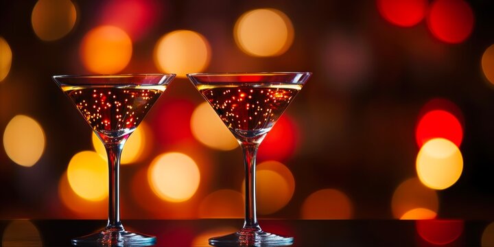 Classy Cocktail: Martini Glasses in Red Bokeh Background for Luxurious Celebration.
