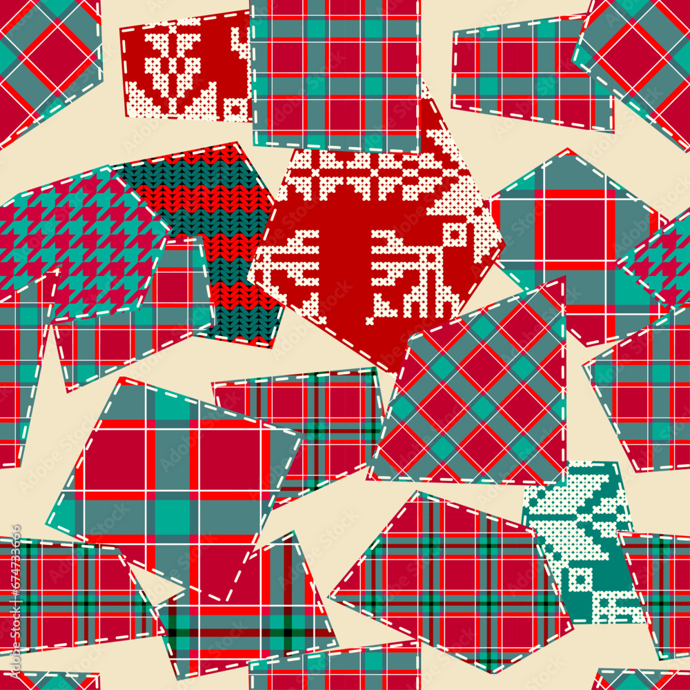 Poster patchwork textile pattern. seamless quilting design background. merry christmas cozy pattern.