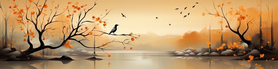Ptaki siedzące na jesiennych drzewach.  - obrazy, fototapety, plakaty