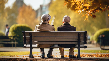 Two elderly individuals sit together on a park bench, sharing a quiet moment amidst the golden hues of autumn. - obrazy, fototapety, plakaty
