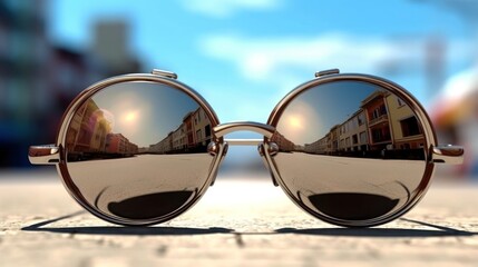 photo of sunglasses against the backdrop of a city street on a sunny day .travel concept