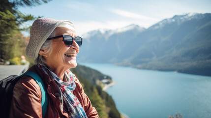 Naklejka premium Portrait of a senior woman wearing sunglasses looking away and arms crossed with a smile while standing beside the lake with mountains background. Aged people, journey and holiday concept.