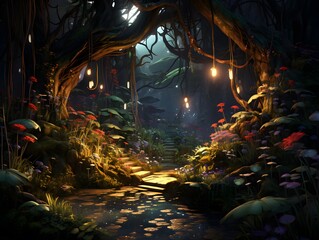Fantasy night scene with path in the forest. 3d rendering