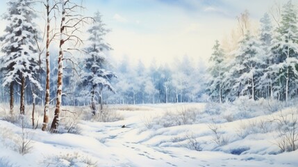 Fototapeta premium A painting of a snowy landscape with trees
