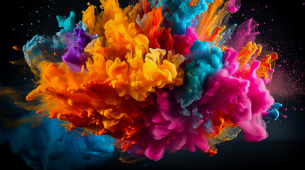 explosion of colored paints on a black background, background, space for text