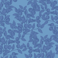 Blueberry.  Seamless vector pattern with wild berries on blue background. Perfect for design templates, wallpaper, wrapping, fabric, print and textile.