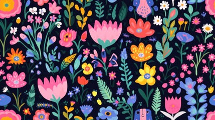 A pattern of colorful flowers on a black background