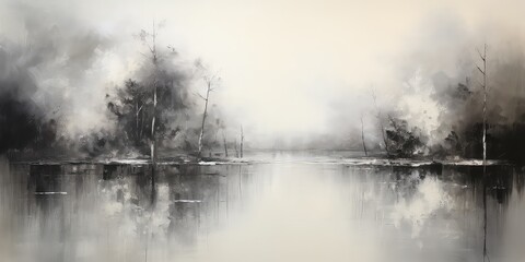 Czarno biały obraz przedstawiający brzeg jeziora w lesie  - obrazy, fototapety, plakaty