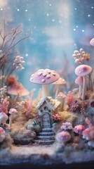 A fairy garden with mushrooms and a fairy house