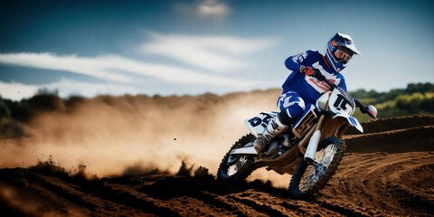 Man on motocross bike in motion wide image
