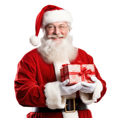 père Noël souriant qui tient un paquet cadeau entre ses mains contre lui - fond transparent - illustration - obrazy, fototapety, plakaty