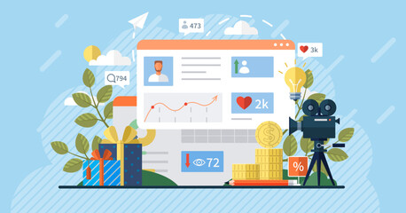 Influencer. Vector illustration. Sharing relevant and valuable content is key to becoming popular influencer actively communicate with their followers through various media channels