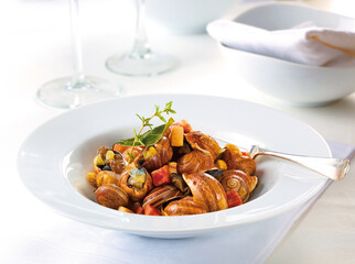 Spanish Cuisine. Snails in sauce with vegetables. Traditional Spanish cuisine