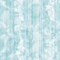 Art background on a marine theme with sea creatures on blue watercolor. Vector seamless pattern with underwater plants,starfish, seashells, rope, knots. Perfect for design templates, wallpaper, wrappi