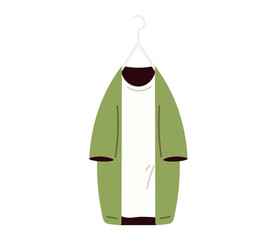 Clothes on hanger. Storage of men and women garments on hangers, apparel hanging on rack, wardrobe inner space flat vector concept. Jacket, coat, casual hoodie and trendy tshirt, pullover hanging