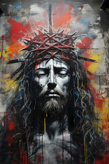 Crucifixion Jesus Christ crown of thorns portrait graffiti spray paint