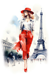 Nostalgia for old Paris: Watercolor image of a beautiful French woman near the Eiffel Tower