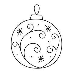Doodle Christmas ball with abstract pattern, circles and snowflakes. Vector black and white clipart illustration.