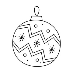 Fototapeta premium Doodle Christmas ball with zigzag pattern, circles and snowflakes. Vector black and white clipart illustration.
