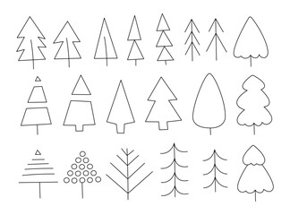 Set of Christmas trees of different shapes. Doodle vector black and white clipart illustration.