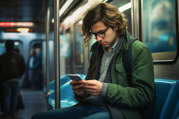 Young man using his smartphone during his subway commute
